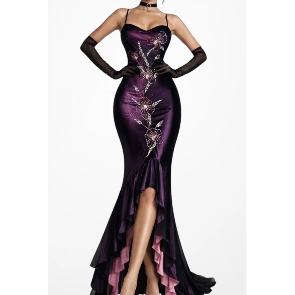 Dori Purple Satin Beaded Floral High Low Evening Gown Dress Womens 8